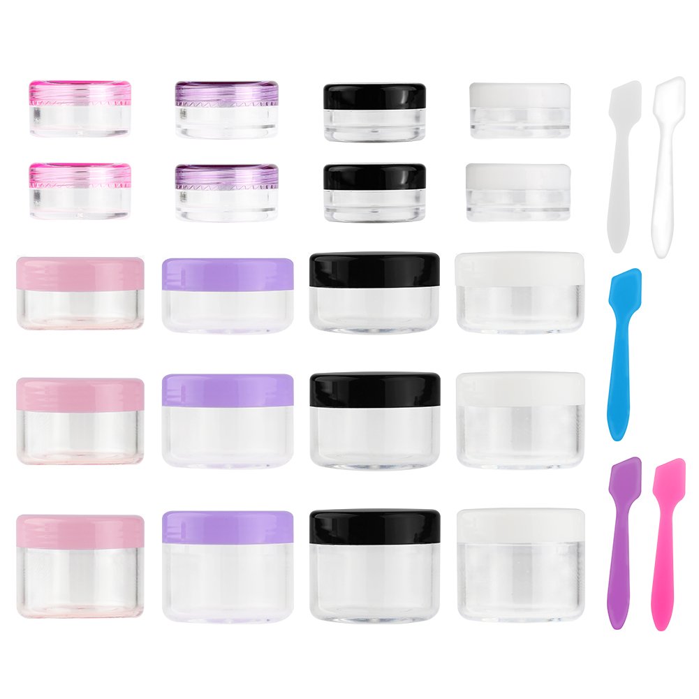 Accmor 20 Pcs Empty Clear Plastic Sample Containers with Lids, 0.11/0.18/0.35/0.53/0.7 OZ Size Cosmetic Jars with 5 Pieces Mini Spatulas, Makeup