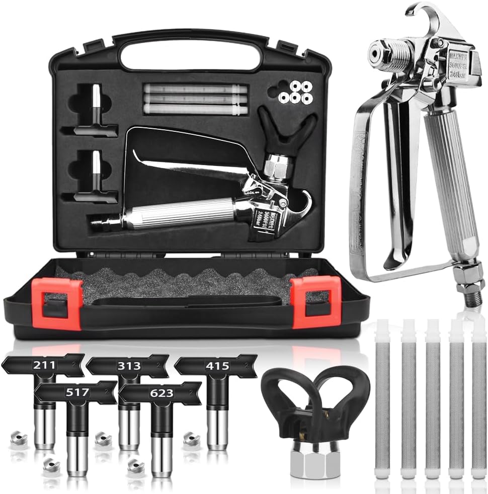 Airless Paint Sprayer Gun Kit with Tip Guard and 5 Pieces Tips 3600 PSI Airless Paint Sprayer Gun & 5 Pieces Airless Paint Spray Gun Filter and Spraying Equipment Storage Box (211,313,415,517,623)