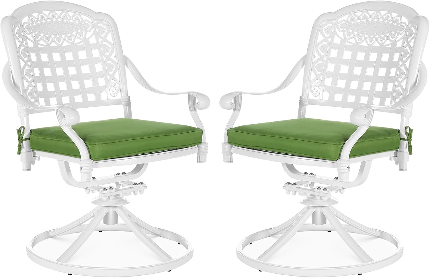 VIVIJASON Patio Swivel Dining Chairs Set of 2, All Weather Cast Aluminum Outdoor Dining Rocker Chairs, Patio Furniture Chair Set with Cushion for Balcony, Lawn, Garden, Backyard, White/Green Cushion