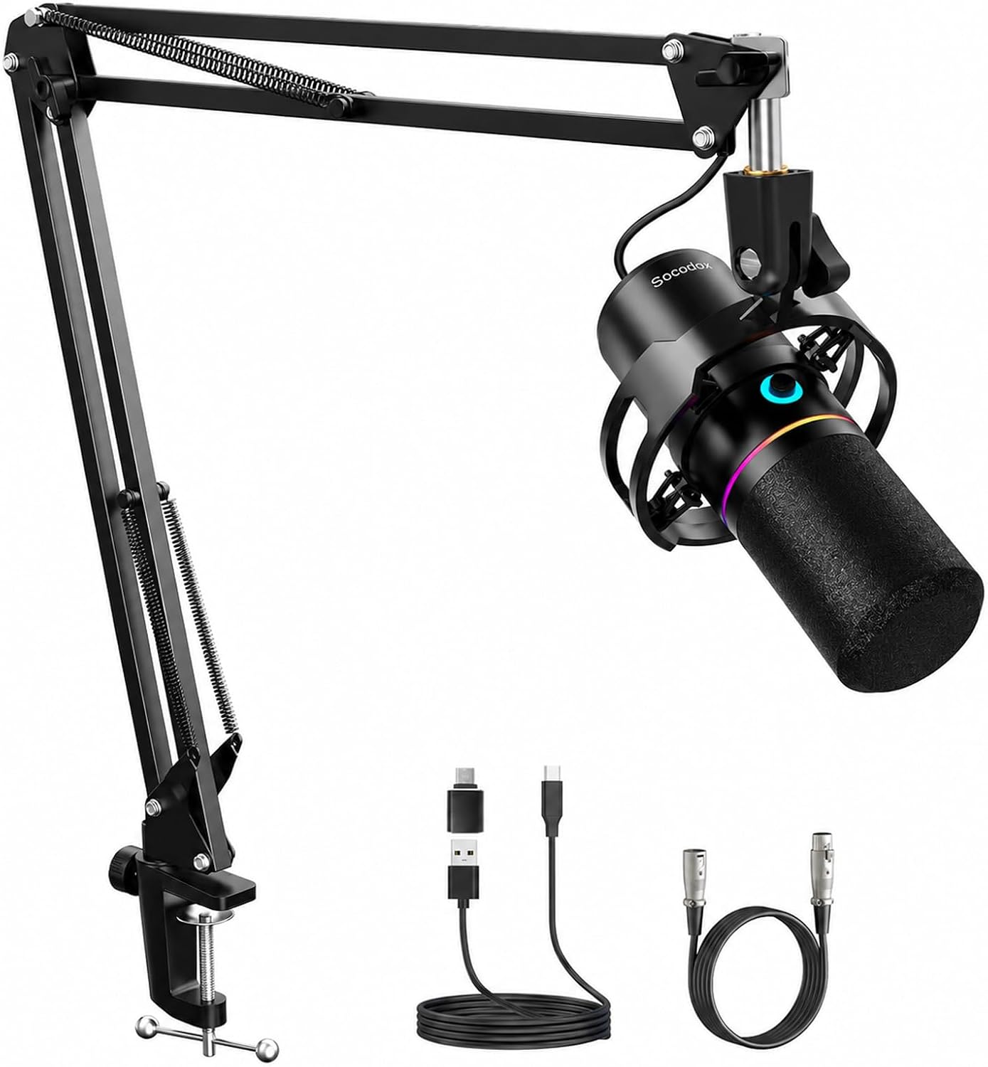 XLR/USB Gaming Microphone with Arm Dynamic Microphone with One-Touch Mute Switch Gain Control and Headphone Jack RGB Podcast Microphone for Streaming Recording and Singing