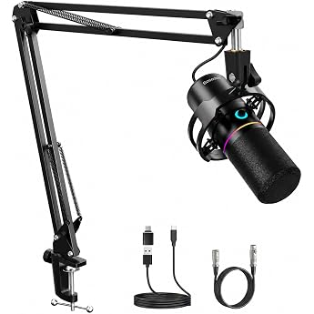 XLR/USB Gaming Microphone with Arm for Streaming Dynamic microphone with one touch mute switch gain control headphone jack and RGB lighting for podcasts