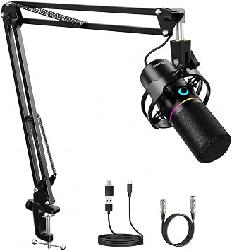 XLR/USB Gaming Microphone with Boom Arm, Dynamic Microphone with One-Touch Mute, Gain Control & Headphone Jack, RGB Podcast Microphone for Streaming, Recording, Vocal