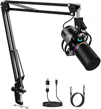 XLR/USB Gaming Microphone with Pole for Streaming | Dynamic Microphone with One-Touch Mute Function, Gain Adjustment, Headphone Jack and RGB Illumination