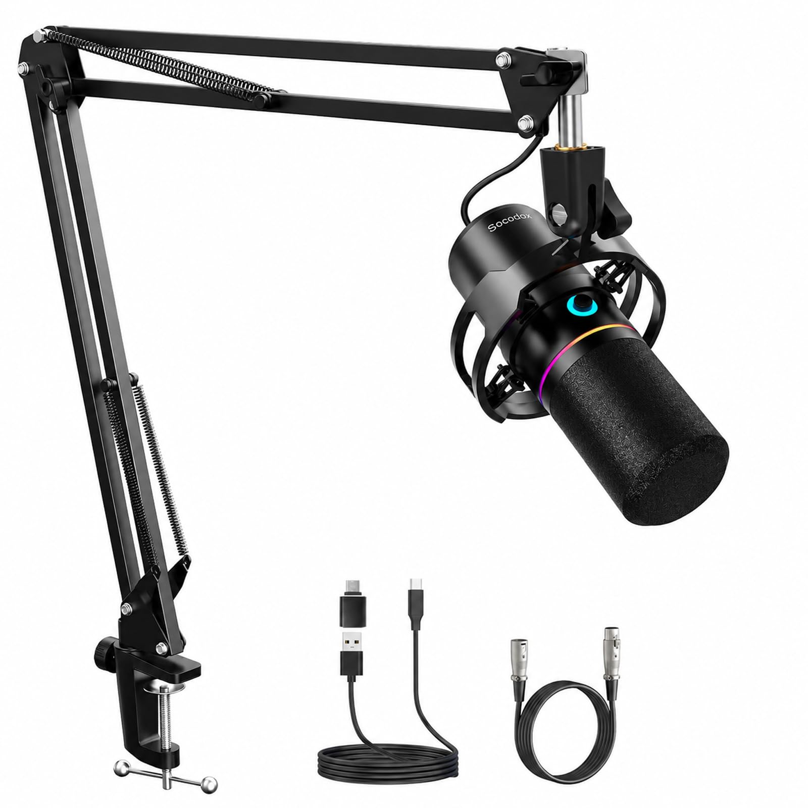 Microphone Gaming XLR/USB avec Perche, Microphone Dynamique avec Mise en Sourdine Instantanée, Contrôle du Gain et Prise Casque, Microphone RGB pour Podcast, Streaming, Enregistrement et Chant