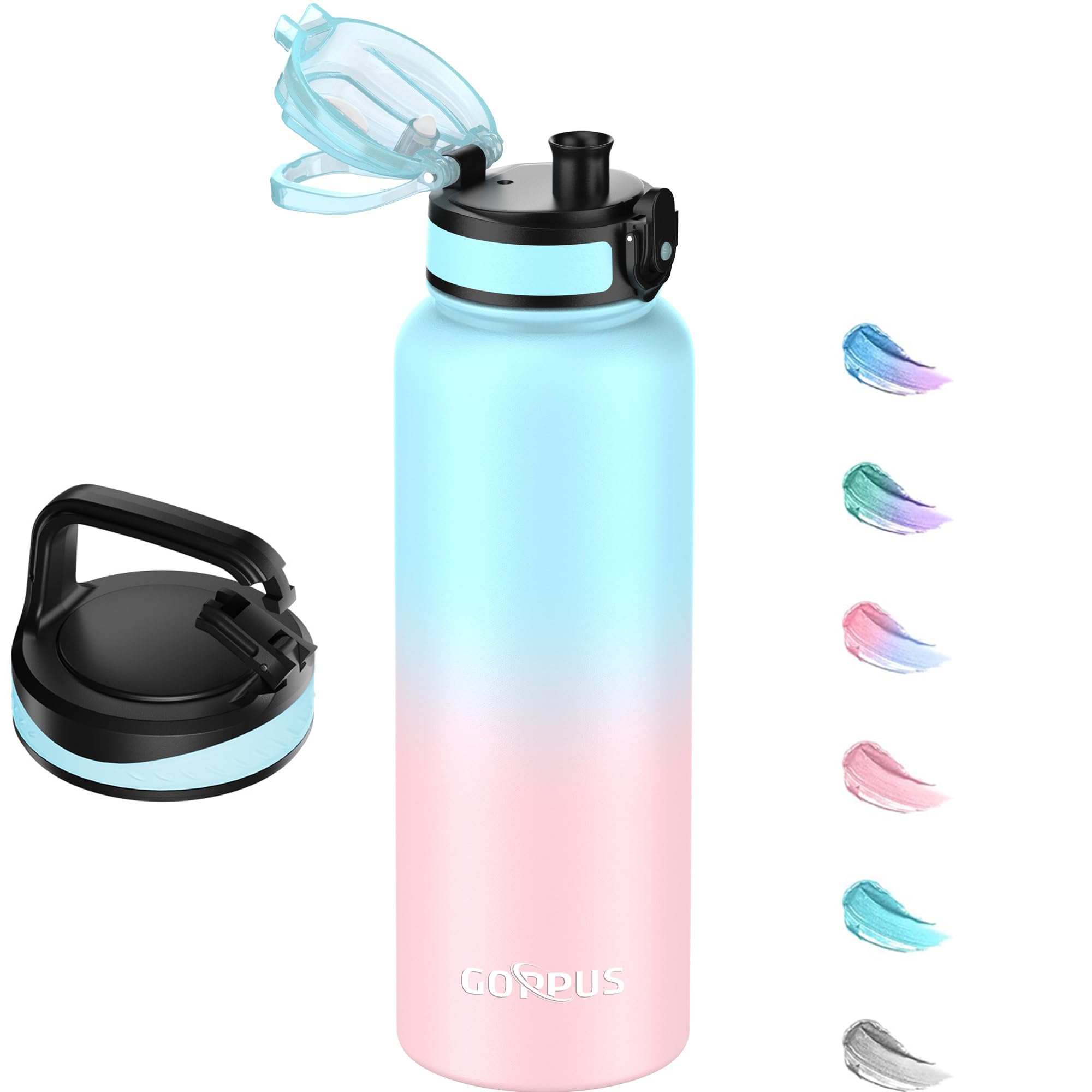 GOPPUS 1.2L/40oz Stainless Water Bottle (No Straw) with Screw Lid Double Wall Insulated Bottles with Strap Large Vacuum Thermal Flask Leakproof Keep Cold Drinks Bottles with Flip Top Lid BPA Free — image 1