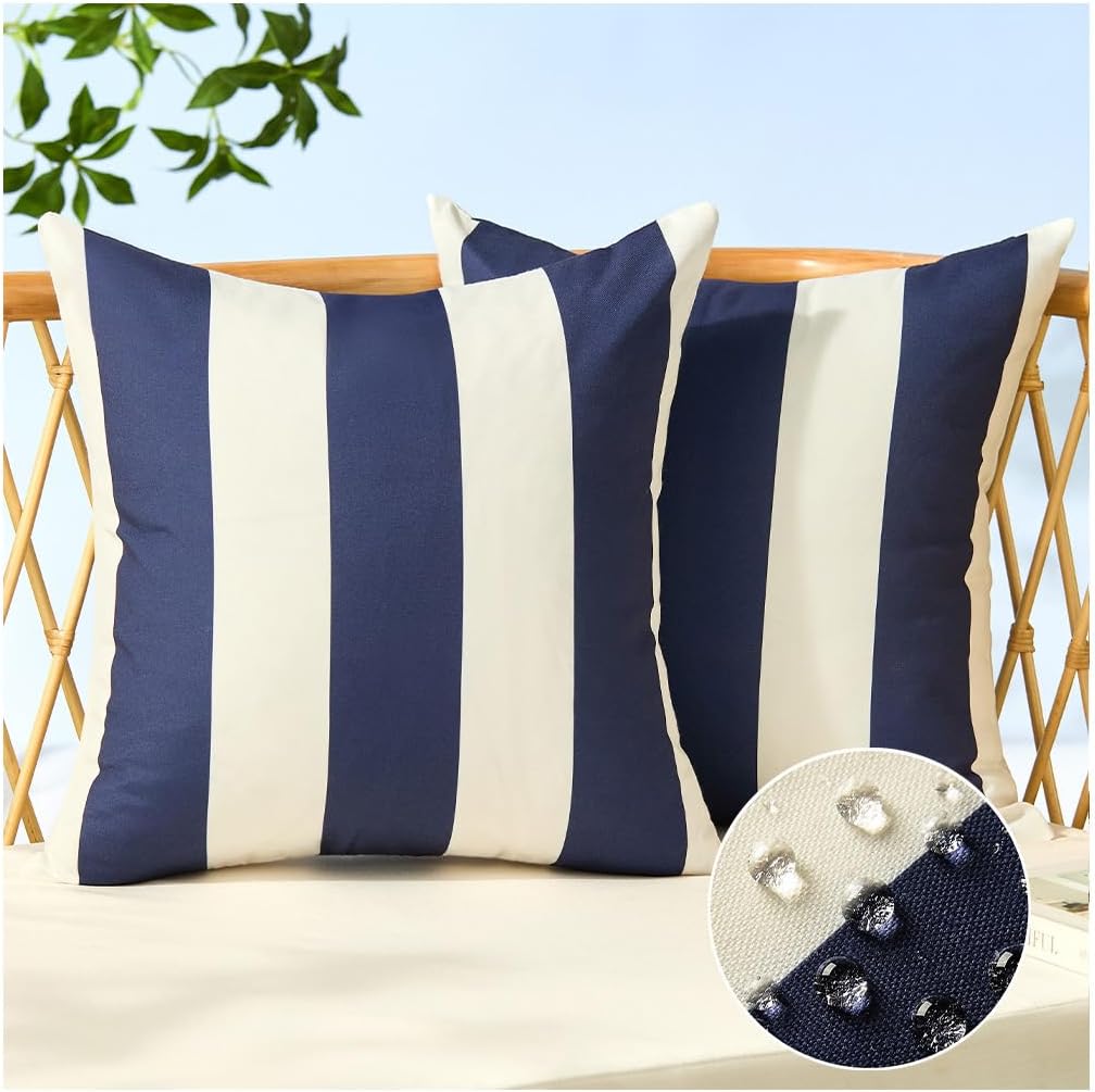 Allorry Outdoor Pillow Covers 24x24 Set of 2 Navy Blue Striped Decoration Throw Pillow Covers for Spring Summer Outdoor Waterproof Garden Patio Furniture Sofa Bed Home Decor JB007-D24