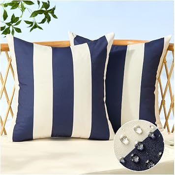 Allorry Outdoor Pillow Covers 18x18 Set of 2 Navy Blue Striped Decoration Throw Pillow Covers for Spring Summer Outdoor Waterproof Garden Patio Furniture Sofa Bed Home Decor JB007-D18