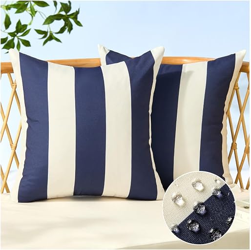 Allorry Outdoor Pillow Covers 18x18 Set of 2 Navy Blue Striped Decoration Throw Pillow Covers for Spring Summer Outdoor Waterproof Garden Patio Furniture Sofa Bed Home Decor JB007-D18