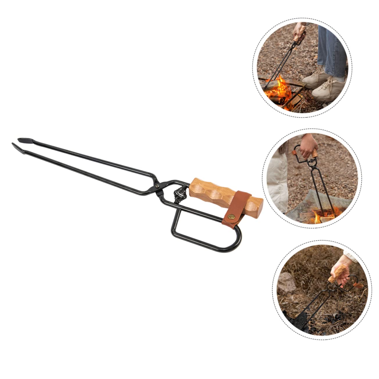 Pinza per Carbone da Barbecue in Ferro e Legno, 1 Pezzo | Nera, Uso Cucina e Picnic, Leggera e Robusta, Impugnatura in Pu per Presa Stabile