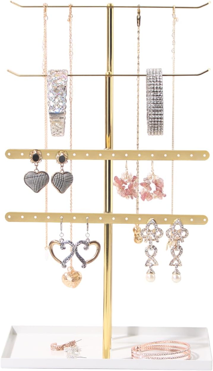 Necklace Bracelet Earring Holder Stand, Multi-Use Jewelry Display Organizer with Tray, T-Bar Metal Jewellery Organizer Stand, Jewelry Hanger Tower Rack for Women (Gold) thumbnail