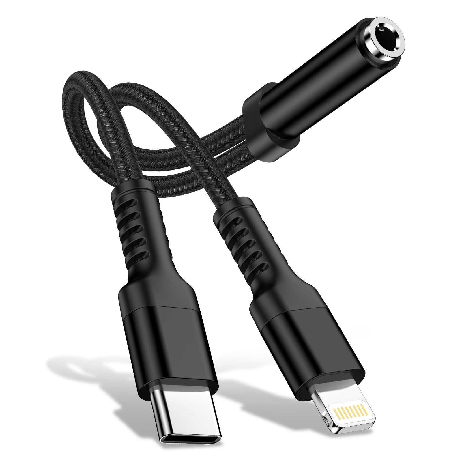 Haoano Lightning/USB-C イヤホン 変換アダプタ 2in1 Hi-Fi音質 ライトニング イヤホンジャック 3.5mm 二股ケーブル Type-C ヘッド変換アダプター iPhone いやほん交換ケーブル 音楽再生 高耐久ナイロン iPhone 17/16/15/14/13/12/11/SE/XS/iPad/iPod Touch5/6/7 ブラック