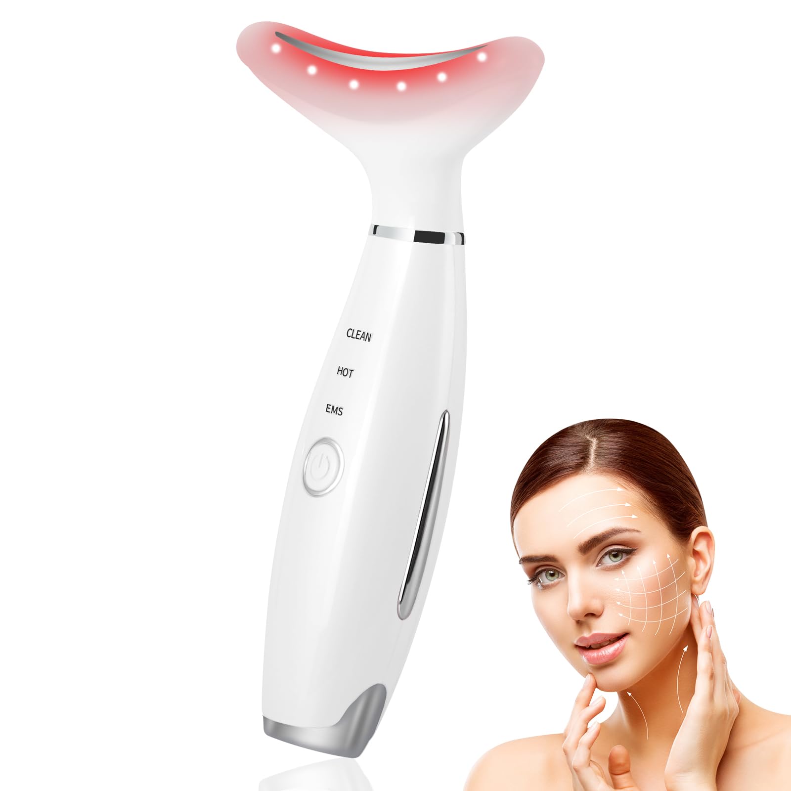 Masajeador facial, Antiarrugas Masajeador Cara Cuello, 45 ℃ y 3 modos de masaje con dispositivo facial, EMS Masajeador Facial eléctrico con 45 ℃ y 3 modos la piel del cuello (blanco-3 LED)