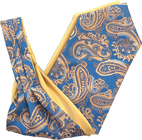 Cravate Ascot en satin bleu et doré au motif cachemire élégant