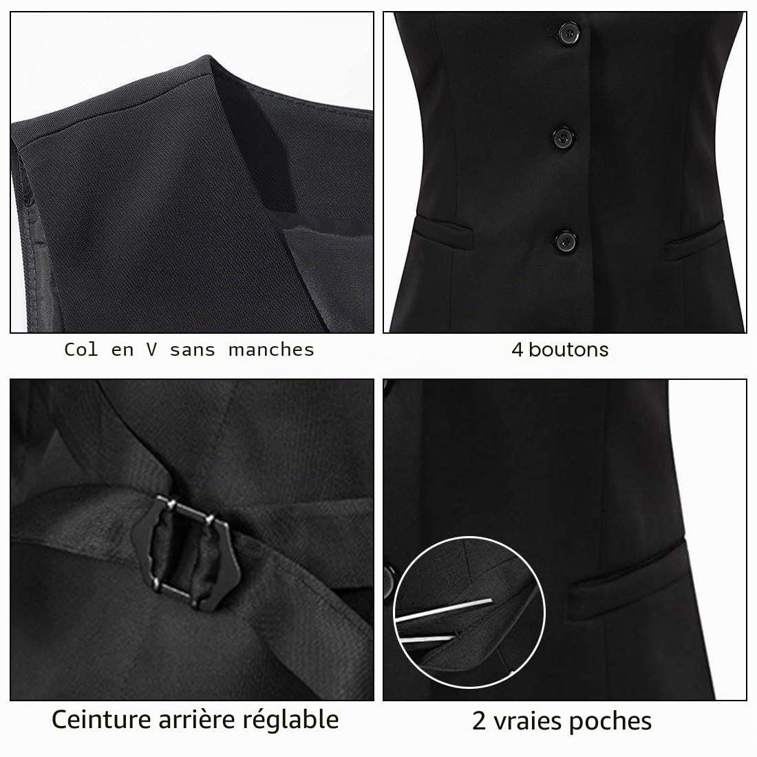 Gilet Vintage Femme Col V Boutonné Steampunk Sans Manches Costume Gilet Poches Couleur unie Veste Décontracté Travail Bureau Tunique Veste