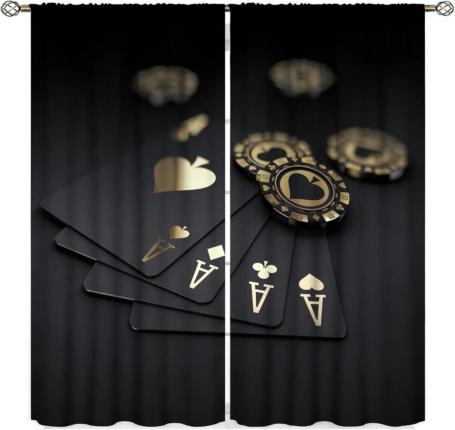 Poker Casino Theme Curtains, Chips and Poker Cards Print Light Blocking Window Curtains Room Darkening Drapes for Living Room Bedroom Kitchen 42 x 63Inch