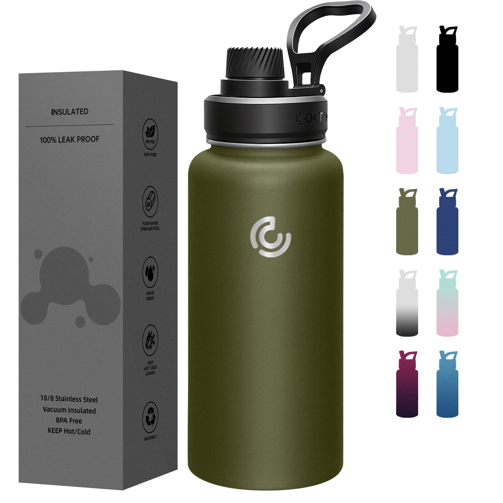 Sports Water Bottle 32oz, Insulated Water Bottle with Handle,Stainless Steel,Simple Modern,Suitable for Travel, School, Boy, Girl(Army Green)