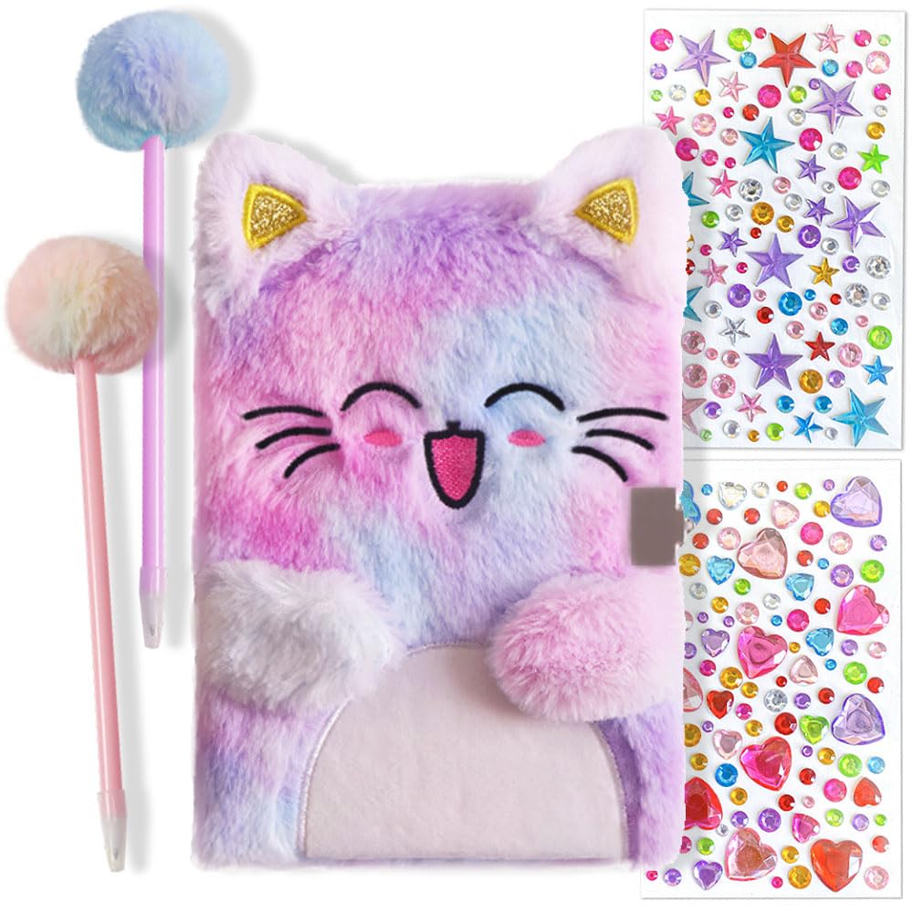 Belegao Secret Diary with Lock for Girls Fluffy Journal with Lock Keys Pen Rhinestone Stickers Plush Secret Diary Notebook Set for Home School Travel Writing (Smile Cat Purple Tie-Dye)