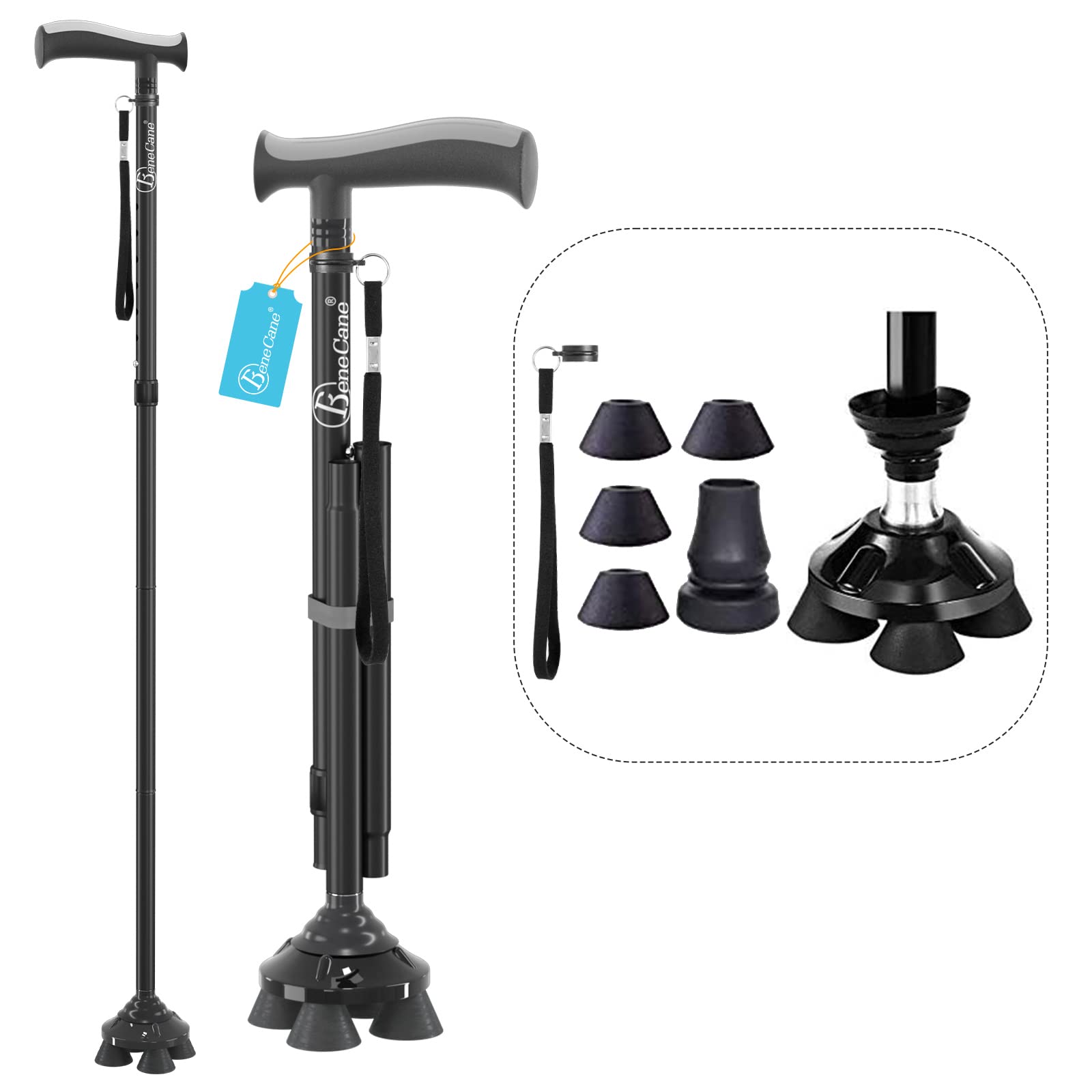 BeneCane Walking Cane for Men & Women Walking Stick for Seniors Folding Canes Quad Cane Adjustable Lightweight Sturdy Free Standing with Soft TPR T-Handle and Travel Bag with Rubber Tips