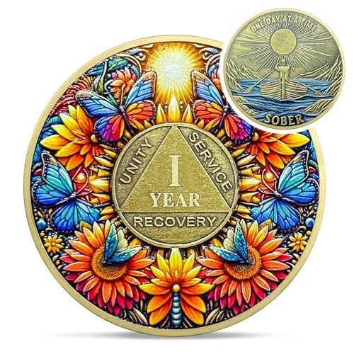 Image of Delicate Sunflower 1 Year Sobriety Coin - Three Year Recovery Butterfly AA Coins - One Day at A Time NA HA AA Chips and Medallions - 1-40 Years Living Clean Alcoholics Anonymous Gifts for Men Women