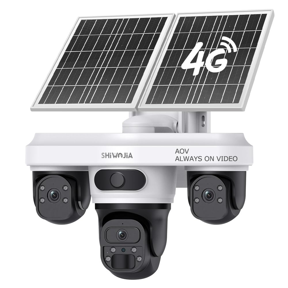 Shiwojia White 24/7 Recording Aov 4G Lte Solar Security Camera Outdoor, Three-Lens, 360° With Sim Card, Wireless Battery Cctv With Ptz Motion Detection, Light Siren Instant App Alert, Ip66 Waterproof