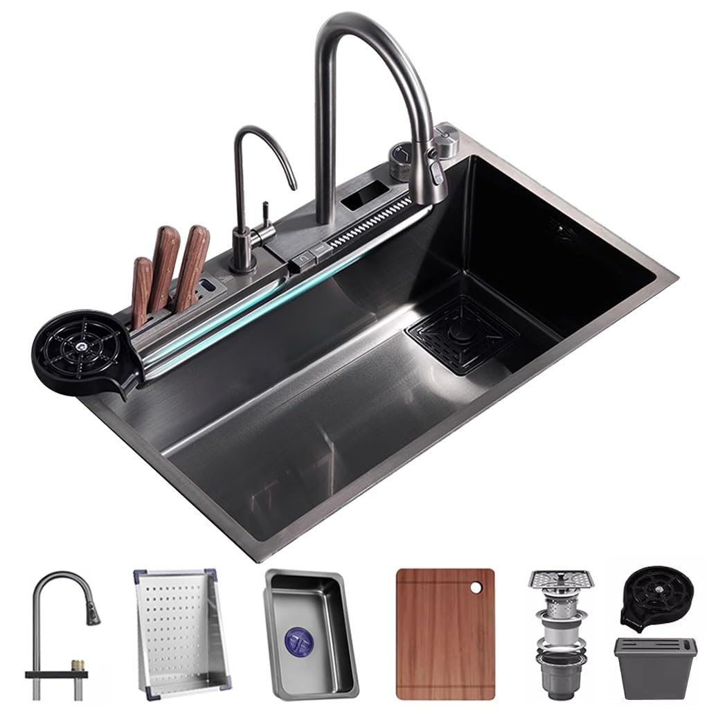 ZQFHSX Stainless Steel Kitchen Waterfall Sink With LED Display Nano-Coated Workstation Pull-Out Faucet And Cup Washer Household Single Bowl Accessories (Size : 75x46x22cm)