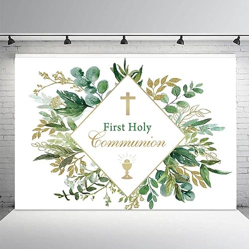 Miniatura 9 de Telón de fondo de primera comunión de 6 x 4 pies con texto en inglés "God Bless Bautismo" Party Photography Background Green Gold Eucalyptus Leaves