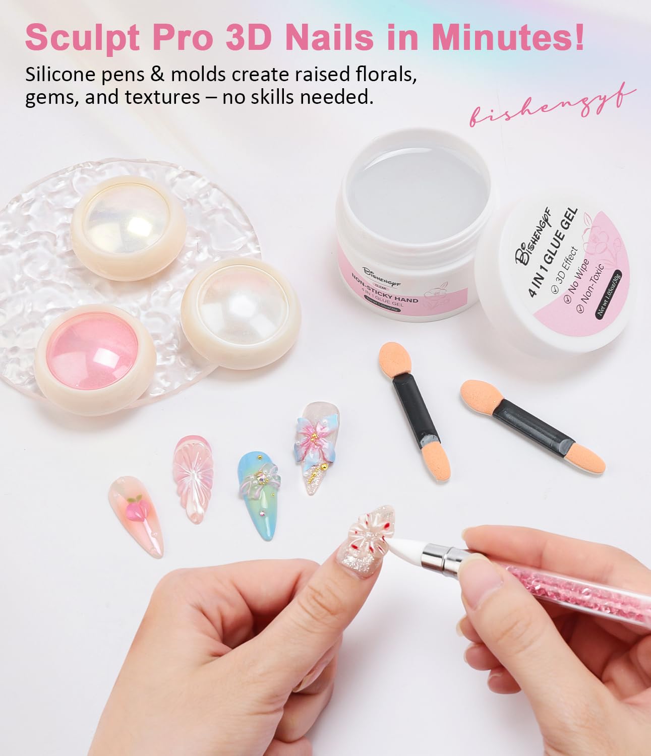 Solid Builder Gel for Nails BISHENGYF: Clear 3D Nail Gel Sculpting 30g Non-Sticky Hand With 3Pcs Yellow Pink Aurora White Pearl Chrome Nail Powder for Starter Nail Art Carving Extension DIY Salon Home - Image 4