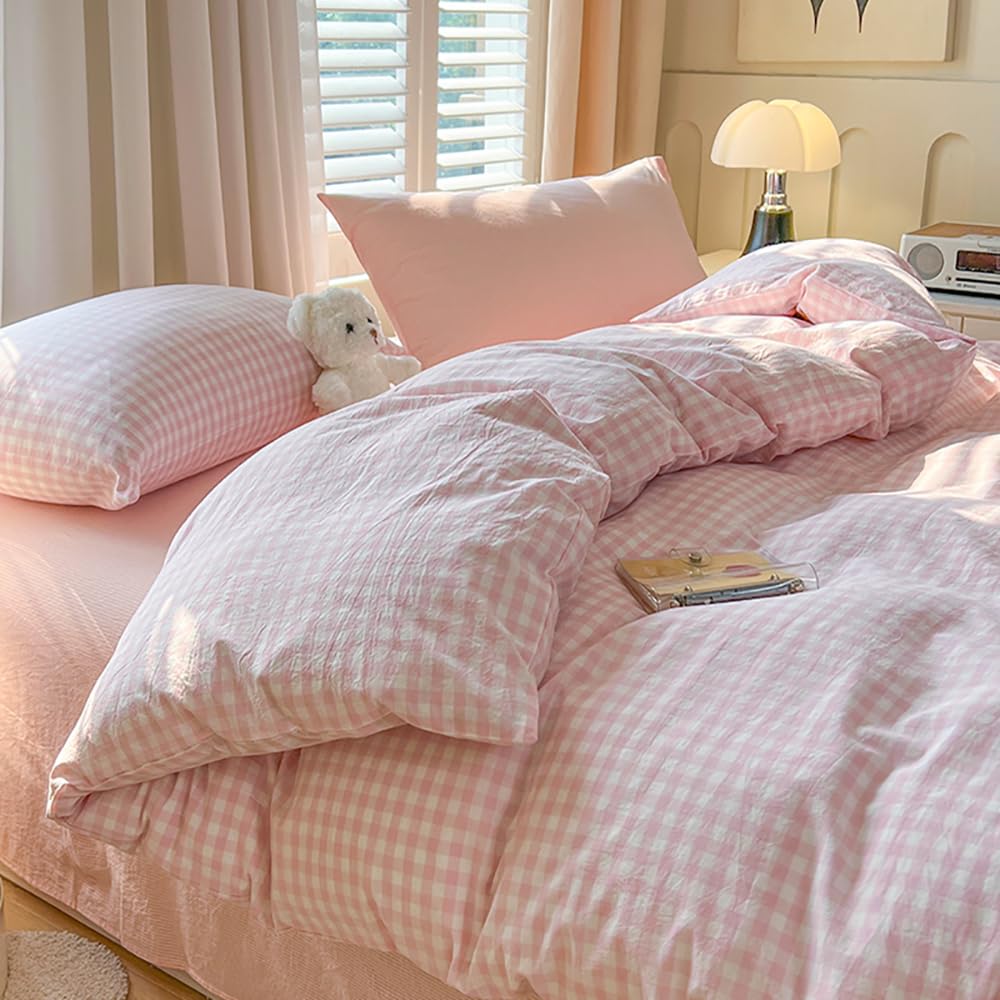 Funda de edredón de 220 x 240 cm, diseño de cuadros, color rosa y blanco, moderno, juego de cama para adultos, 2 personas, funda nórdica de microfibra, ropa de cama con cremallera y 2