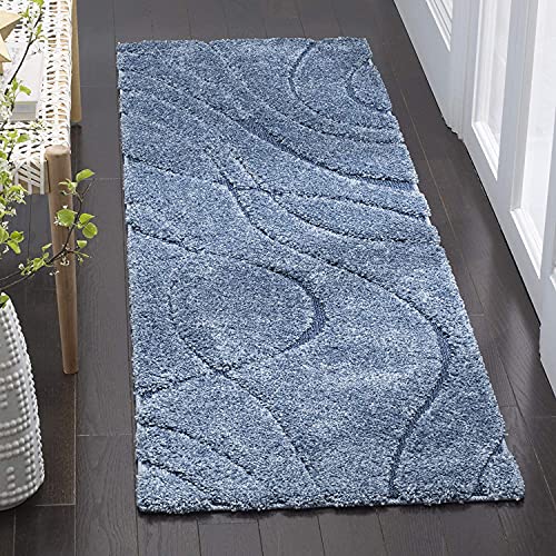Image of (Pack of 2 Geometric Wave Shaggy Carpet for Living Room, Bedroom, High Low Design Finish Microfiber 1.8 Inch Pile High, 2x4 Feet Runner Royal Blue|Blue Color
