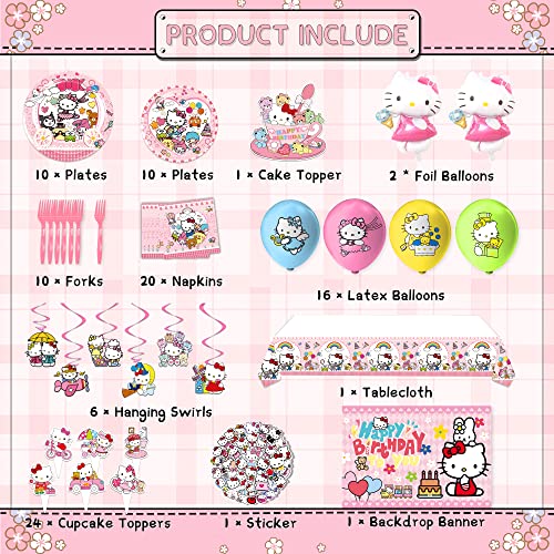 Cartoon Cat Birthday Party Decorations, 145 Pcs Pink Cartoon Kitten Birthday Party Supplies, Include Cartoon Cat Birthday Banner, Kitten Cake Toppers, Kawaii Cat Ballons, Plates, Designed For Girls #TOP2