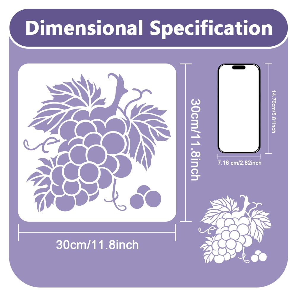 DOODLREAM Grape Fruit Craft Stencil for Drawing 30 x 30cm Reusable Plastic Grape Stencils for Painting on Wood Wall Fabric Furniture DIY Home Decor Craft Stencil - Image 2