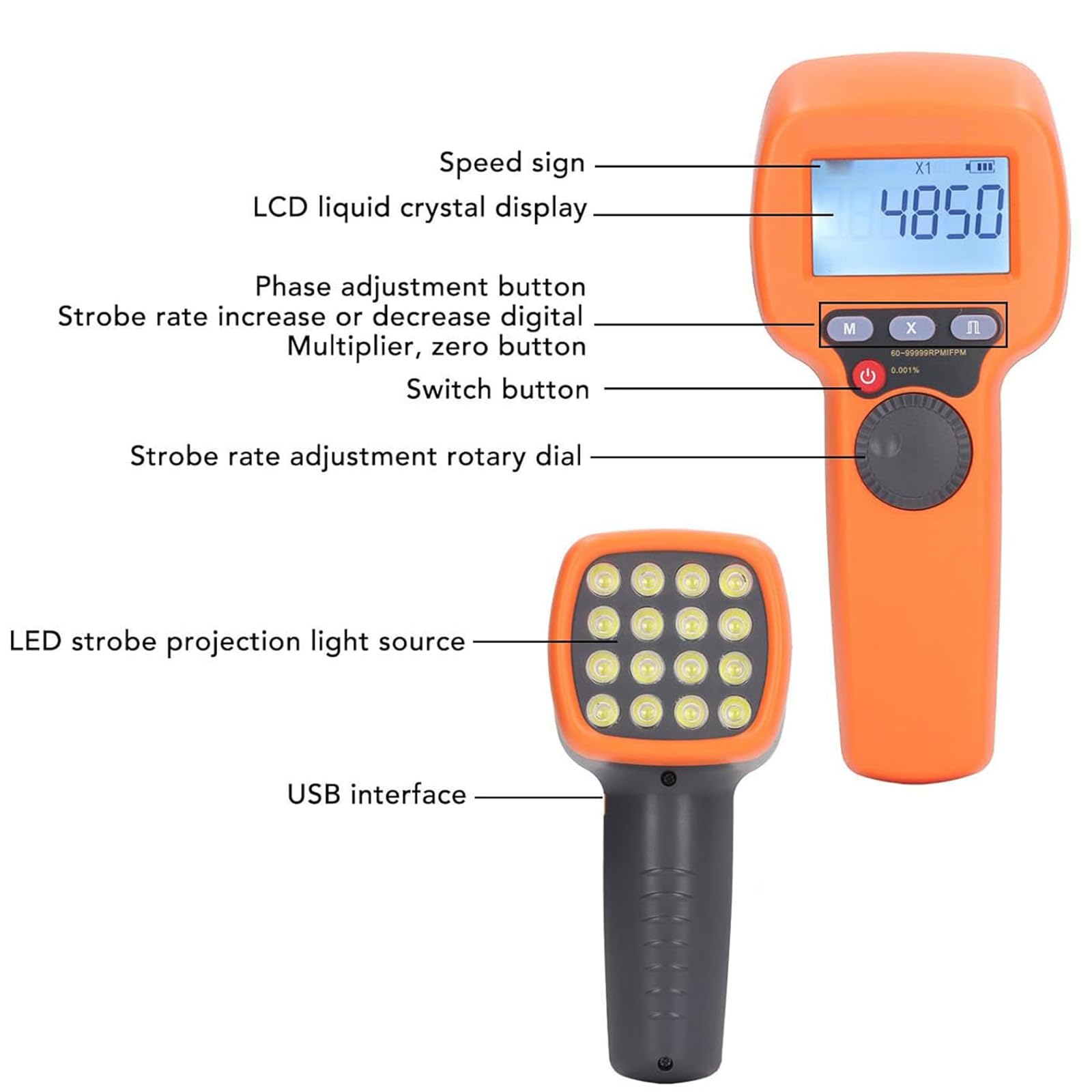 Stroboscope numérique à LED, rechargeable, plage de mesure 60-99999 tr/min, haute précision 0,001 %, luminosité 1500 lux pour équipement d'impression et de rotation