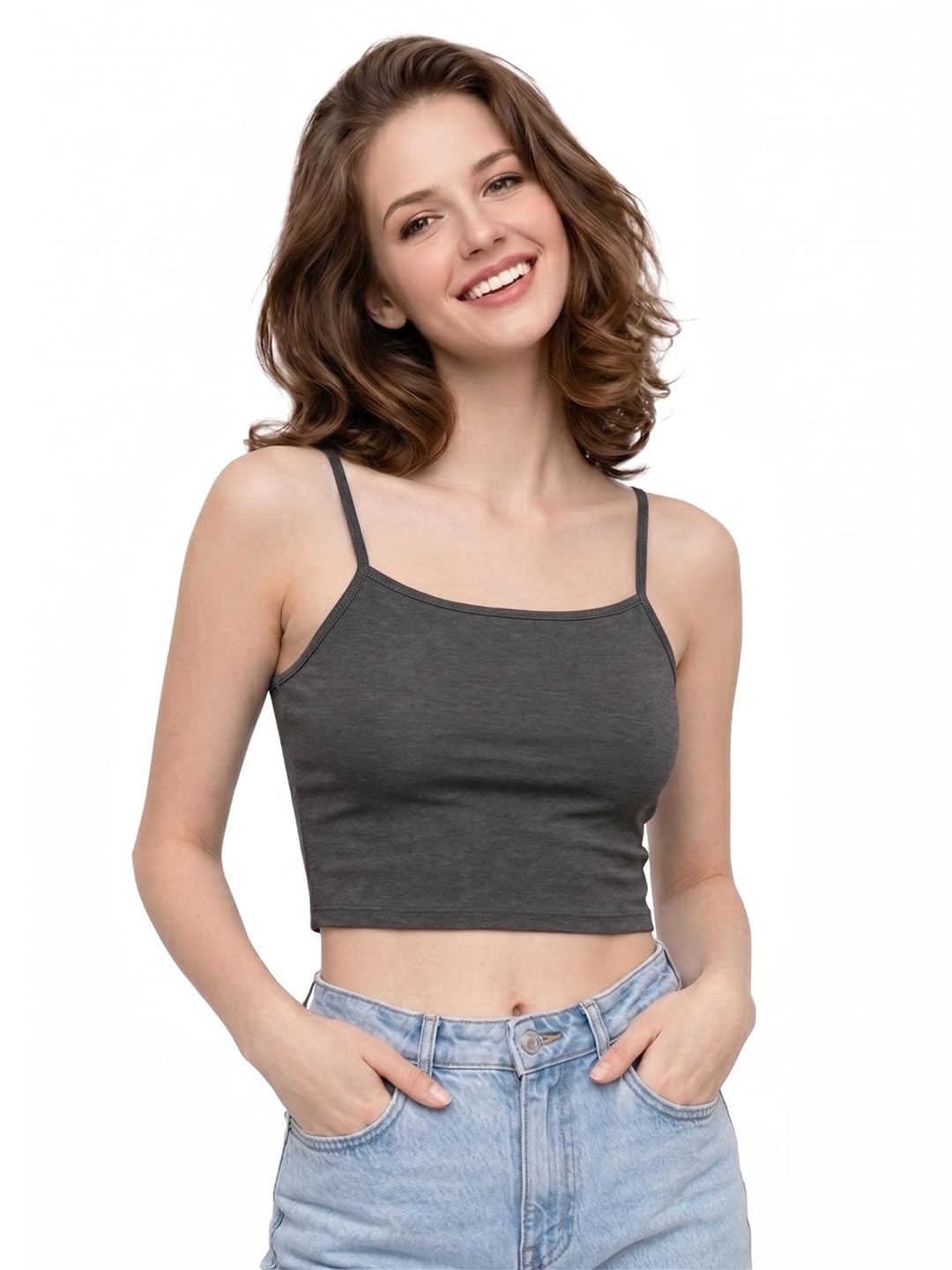 Series Woman Black Melange Cotton Spandex Slim Fit Cropped Camisole Top | Spaghetti Strap Sleeveless Stretchable | Pack of 1-image-18