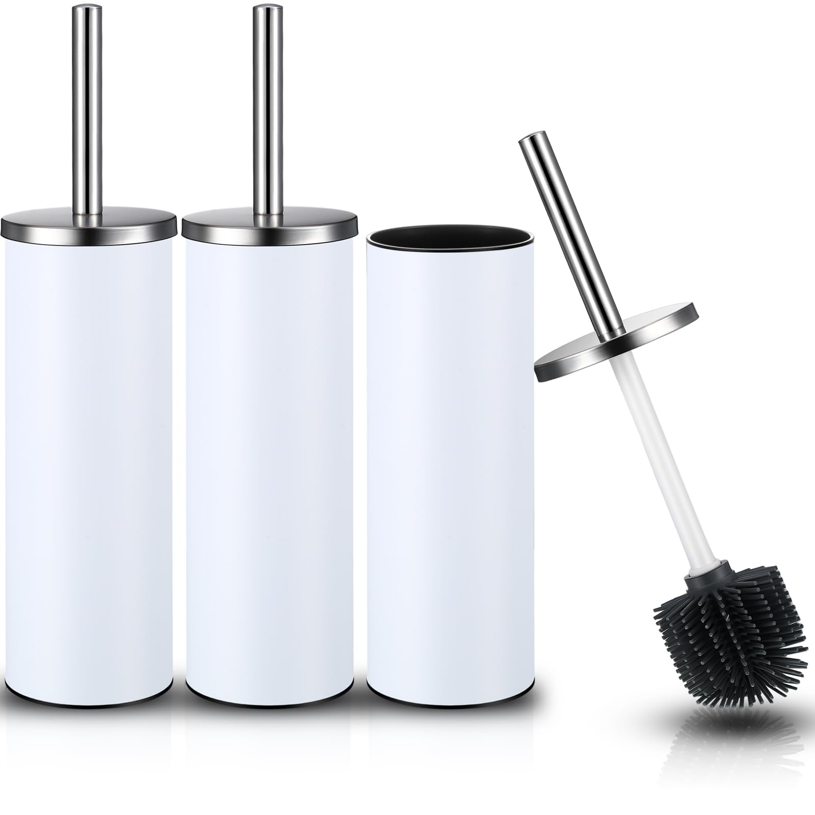 3 Sets Toilet Bowl Brush and Holder Compact Size Toilet Brush with Handle Silicone Bowl Cleaners Drip Proof Toilet Scrubber Bathroom Accessories Easy to Hide Storage (White,Stylish)