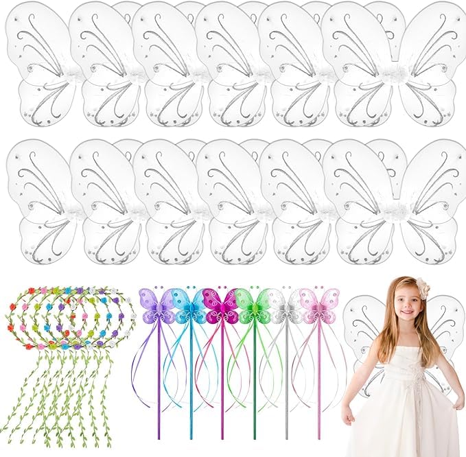 12 Set Fairy Wings Butterfly Wings Set for Girls, Angel Wing Flower Crowns Fairy Wands Wing Costume Set White Angel Wedding Baby, Angel & Princess Dress up Accessories for Birthday Party