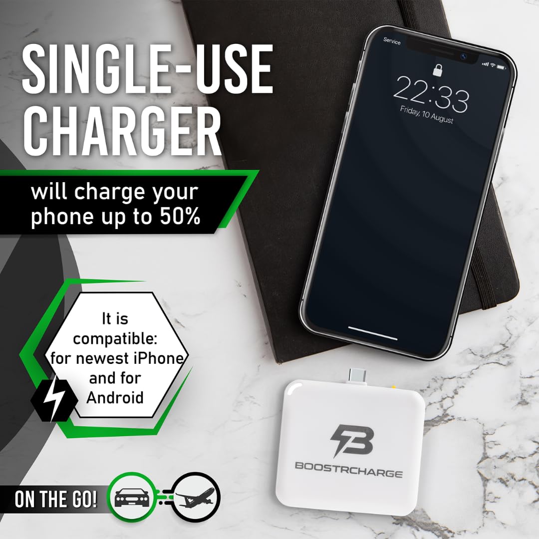 Boostcharge - Caricabatterie di emergenza monouso, pre-caricato, per i più recenti modelli di iPhone e Android, USB-C, batteria portatile di riserva per viaggi, attività all'aperto e situazioni di