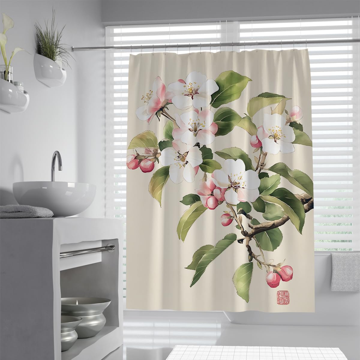 UERWOWELL Chinese Ink Floral Shower Curtain Retro Blossom Bathroom Decor Oriental Art Bath Curtains Set with Hooks Waterproof Polyester Fabric W180xL180 cm