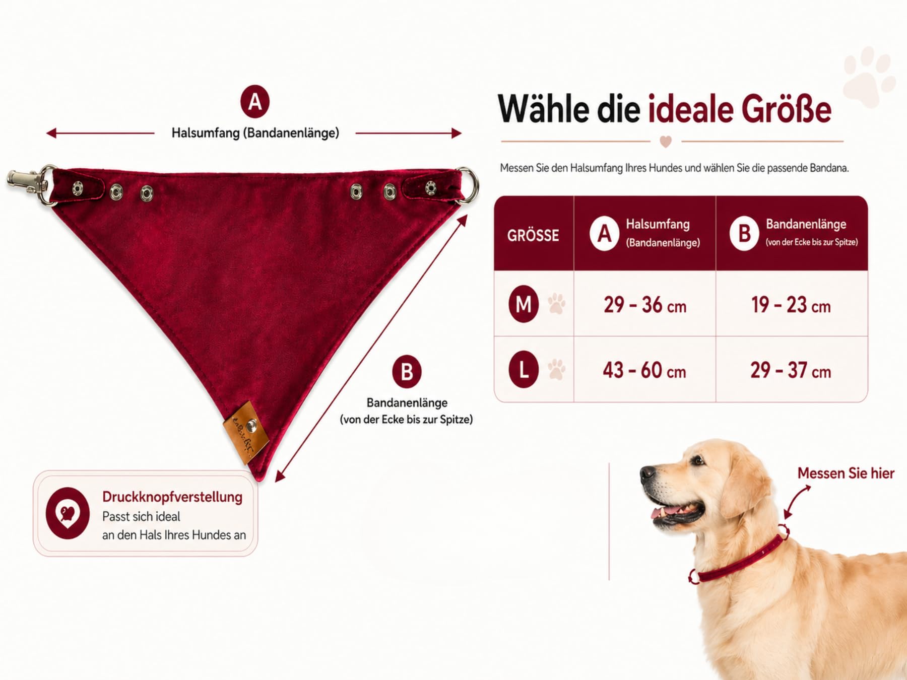 Bandana per cani con chiusura in metallo – collare regolabile per cani in morbido velluto, facile da pulire e confortevole (Ciliegia, L)