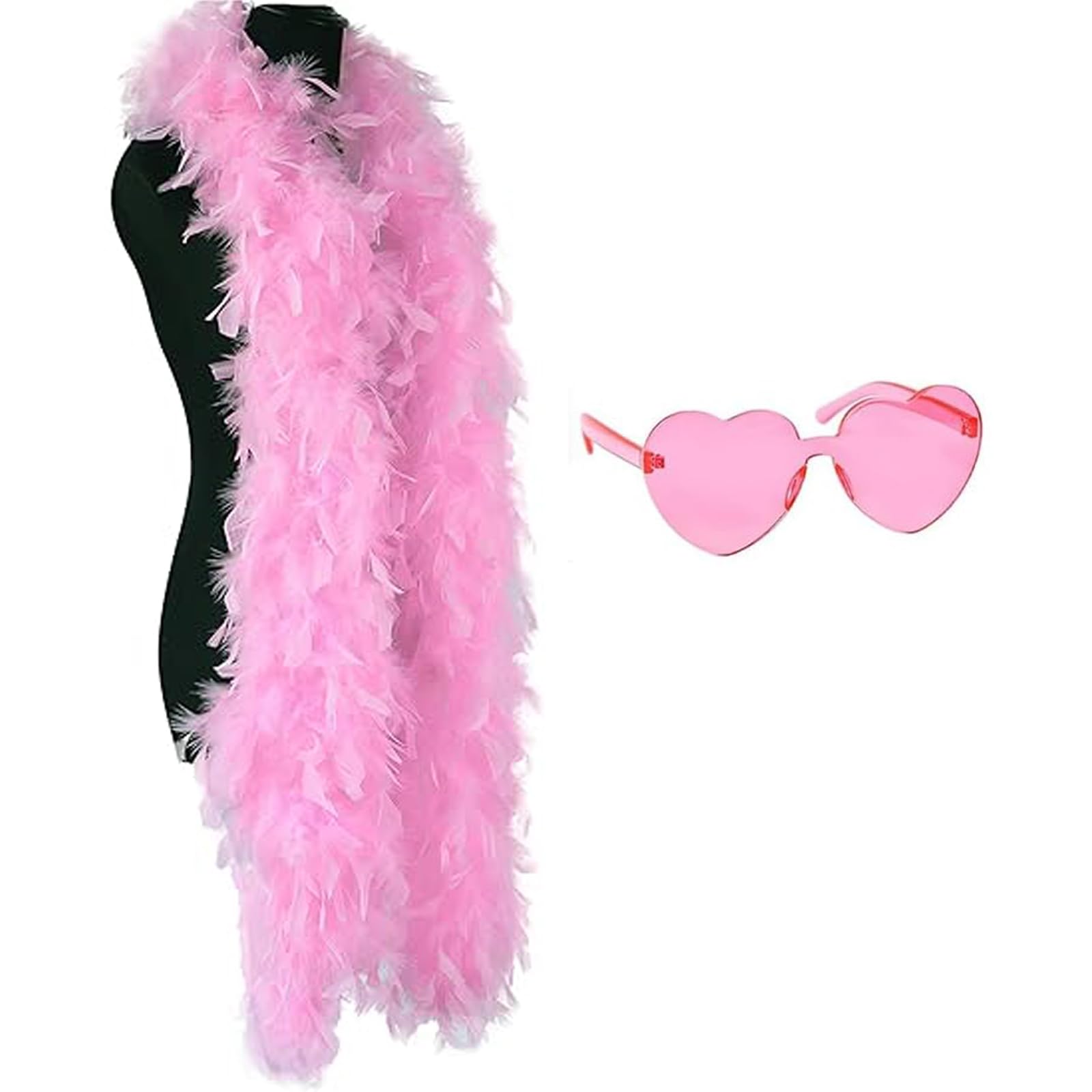 JNGTKL Pink Feather Boa, 2m, Suitable for Dancing Wedding Parties, Cosplay, Halloween, Christmas, With Heart Rimless Sunglasses