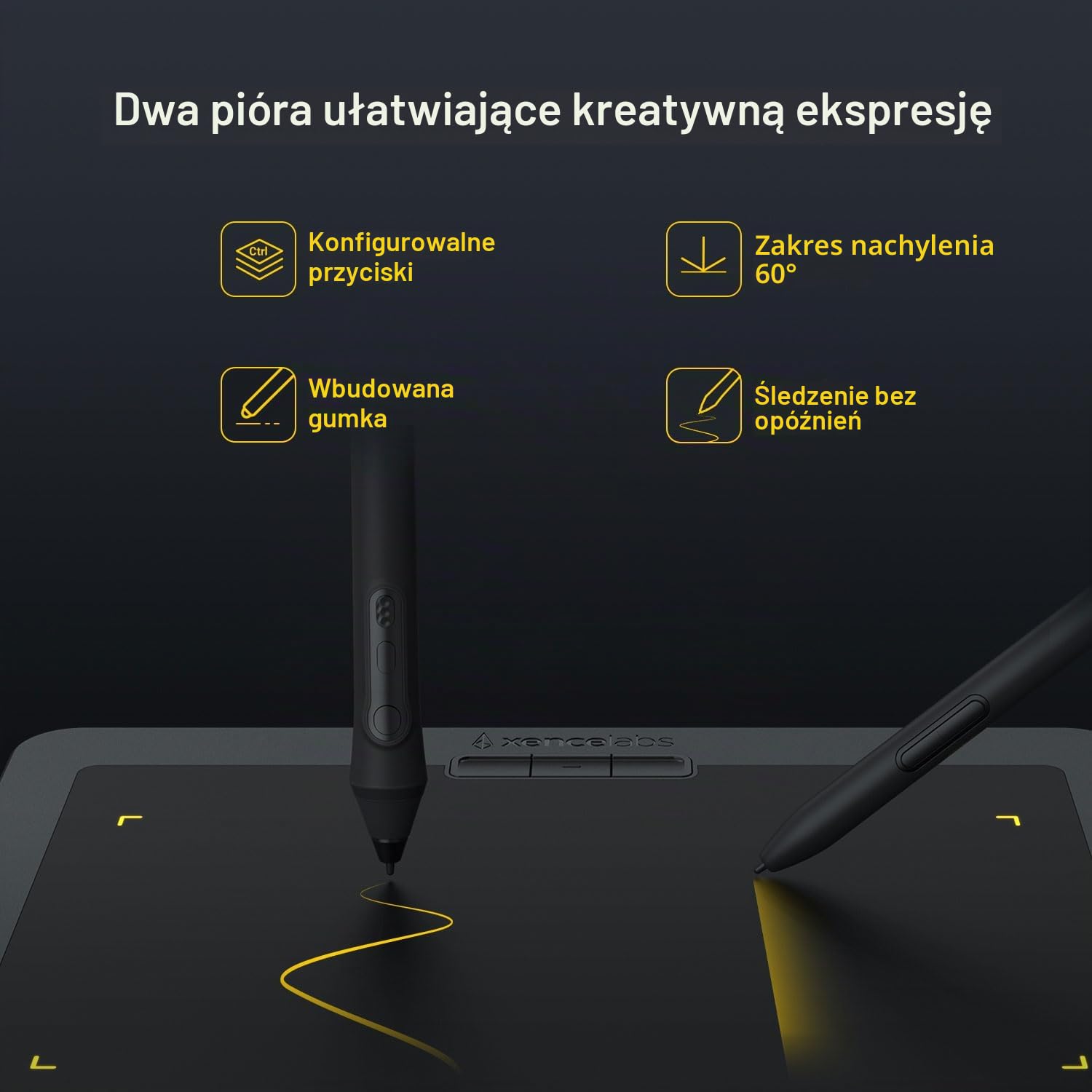 XENCELABS tablet graficzny, bezprzewodowy tablet do rysowania z 2 cyfrowymi piórami bez baterii, rysik z obsługą pochylenia i 8192 poziomami czułości nacisku pióra, 12-calowy przenośny pad do rysowania dla Win / Mac / Linux, czarny