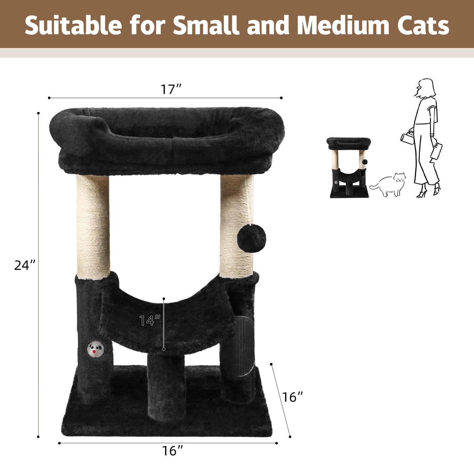 Woochpet Cat Tree Tower, Cat Scratching Post Made with 100% Natural Sisal, Scratching Post for Indoor Cats, Featuring Super Cozy Perch and Cat Platform for Kittens and Cats (Black)