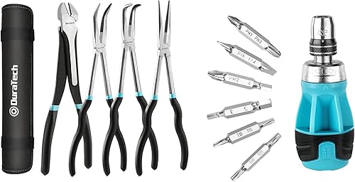 DURATECH Juego de 4 alicates de punta de aguja extra largos con destornillador de trinquete, destornilladores cortos multibits 12 en 1