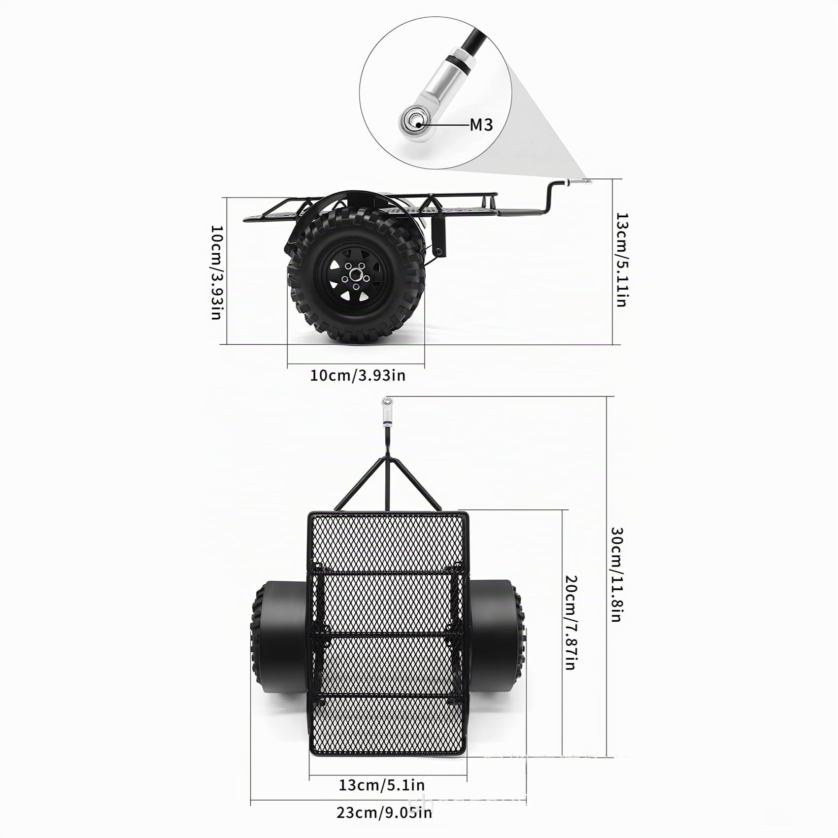 RC Anhänger 1/10, Full Metal RC Crawler Trailer Schwerlast zum Ziehen Hinter dem Auto Heavy Duty LKW Kit für 1/10 RC Auto SCX10, TRX4,Absima Sherpa (Schwarz)
