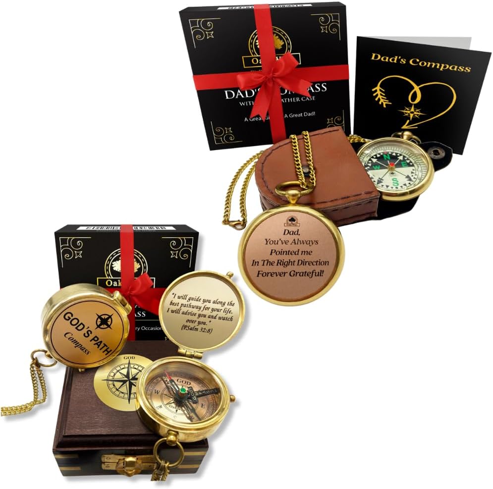God's Path Compass in Wooden Box & Dad's Pocket Watch Compass in Leather Case - Father's Day, Baptisms, Birthdays - A Unique Gifts for Faith-Based Inspiration