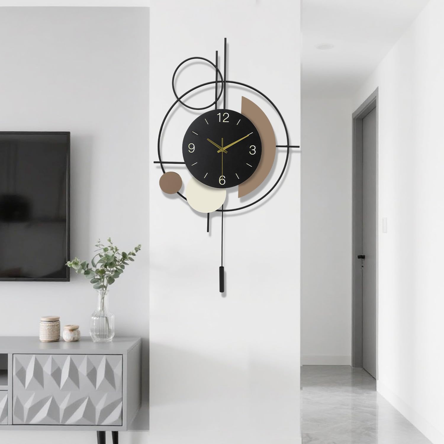 Gilacco Wall Clock with Pendulum,Silent Quality Quartz Battery Operated,Large Wall Clock for Living Room Kitchen Home Bathroom Bedroom Wall Decor,39x67CM(Black)