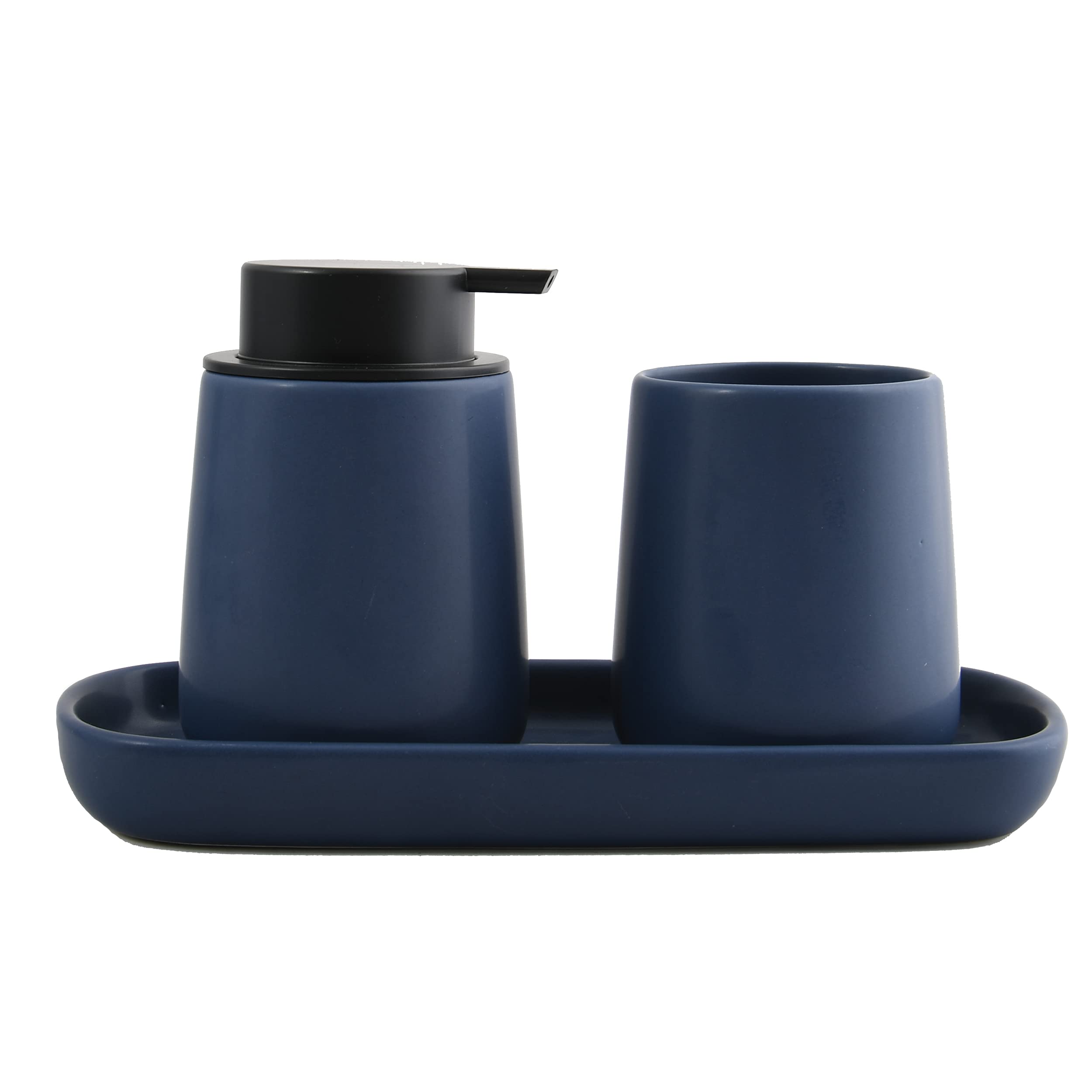 MSV Set de baño de 3 piezas de accesorios de baño de cerámica Maonie dispensador de jabón, bandeja de baño para joyas y vaso para cepillos de dientes, color azul oscuro