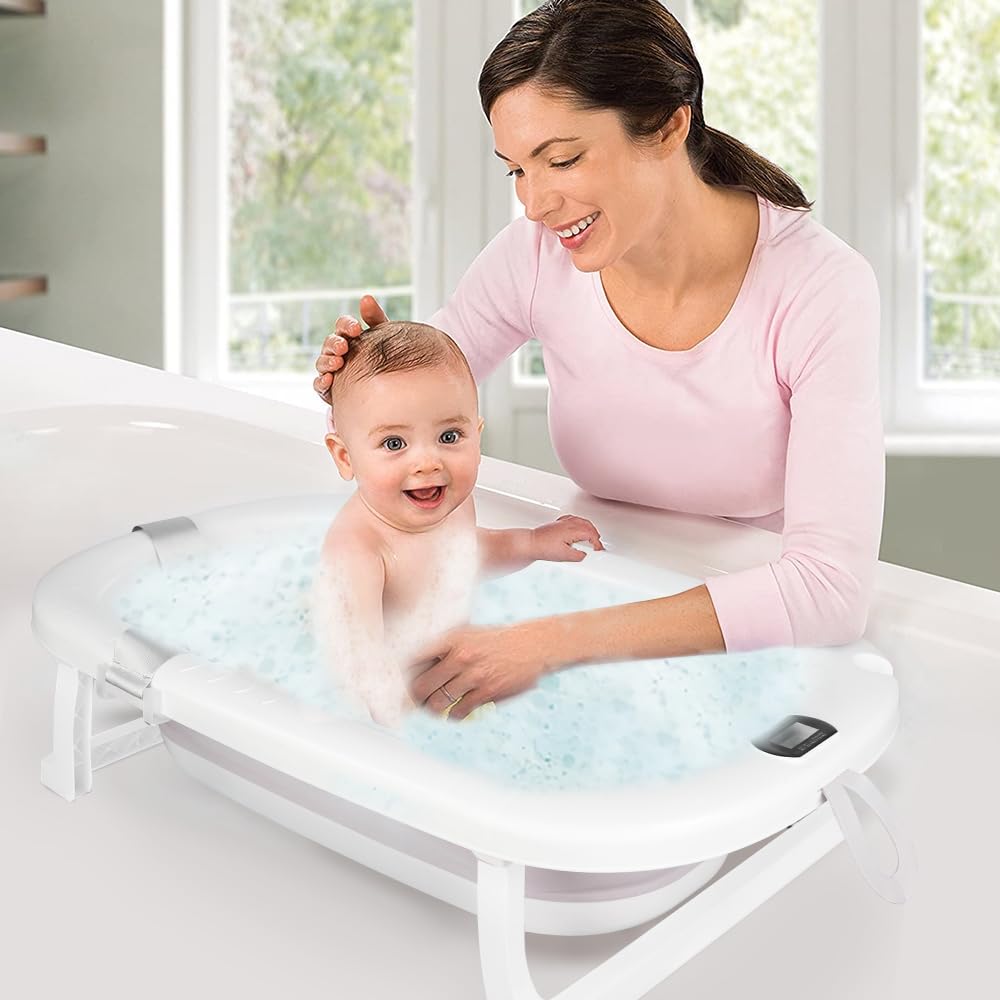 Vasca da bagno per neonati con tappetino da bagno e termometro, vasca da doccia portatile antiscivolo, vasca da bagno pieghevole per neonati bambini, 80 x 50 x 23 cm (grigio)