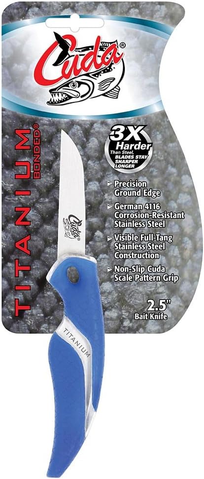 CUDA 2.5" Bait Knife | Saltwater & Freshwater Precision Ground Edge Titanium Bonded Stainless Steel Blade Knife with Non-Slip Scale Pattern Grip