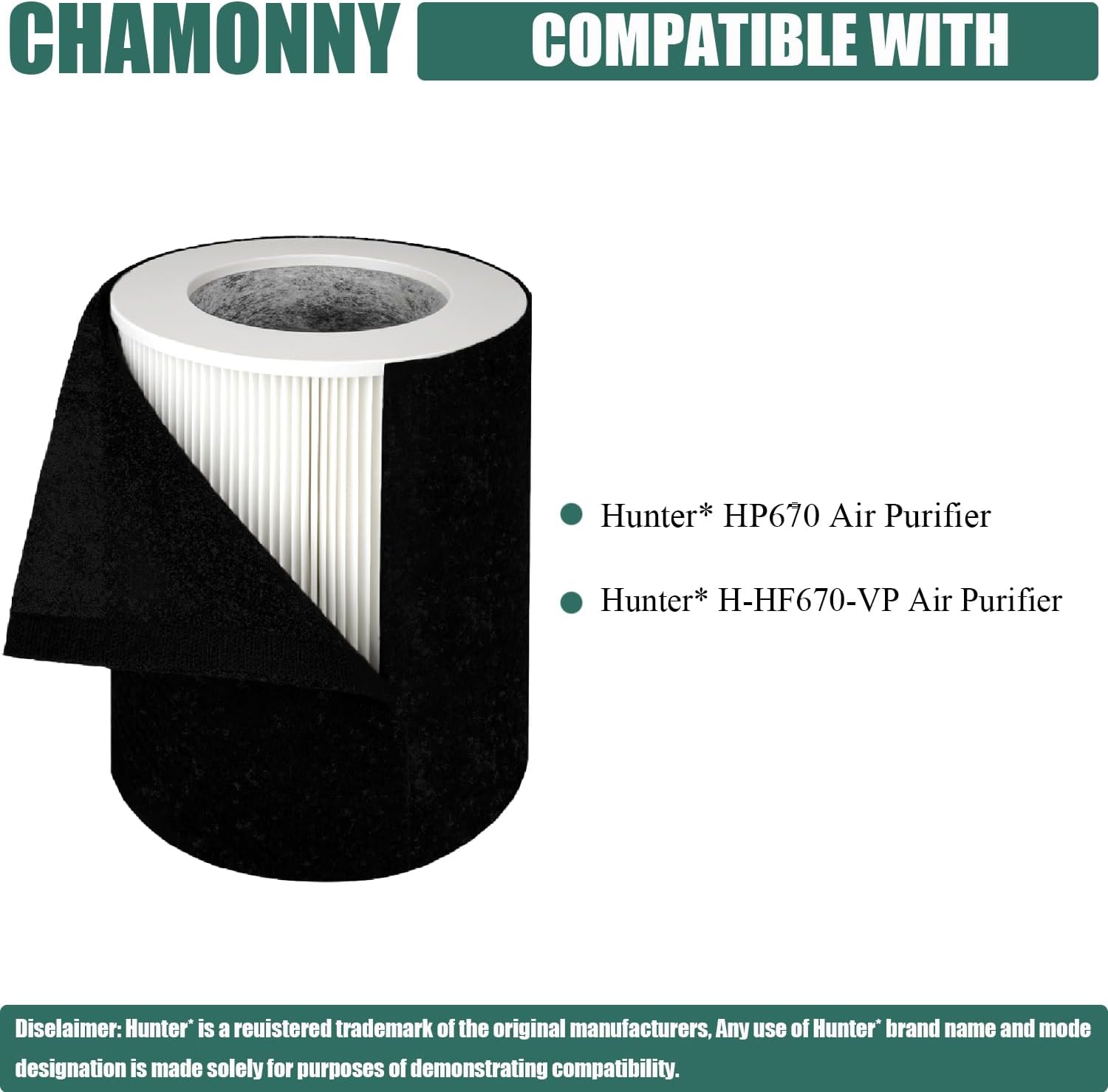 HP670 Filter Replacement, Compatible with Hunter HP670 Cylindrical Large Tower Air Purifier, Part# H-HF670-VP, 1 True HEPA Filter + 4 Pre-Carbon Filters - Image 2