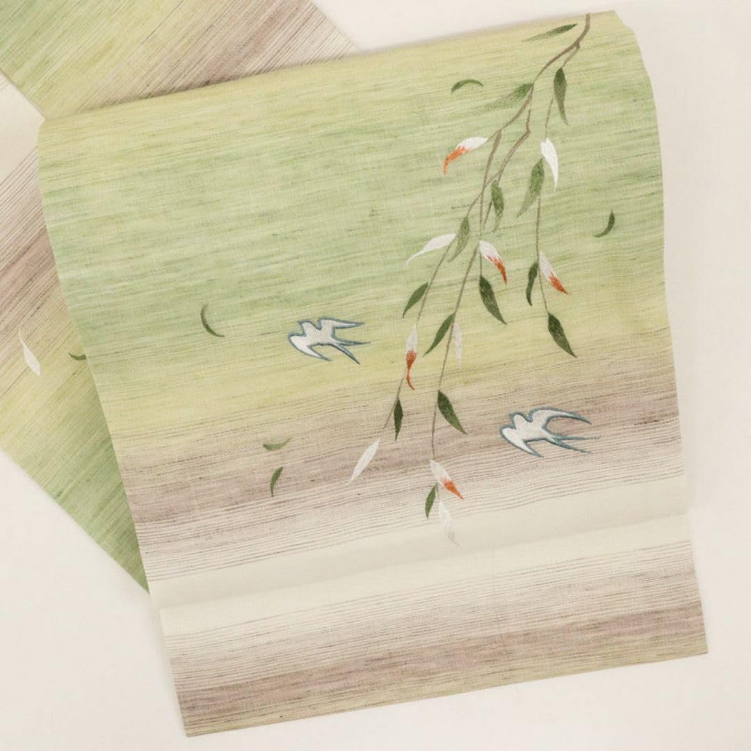 Amazon.co.jp: 『近江の麻』名古屋帯 柳とツバメ 白×濃茶×緑夏着物  